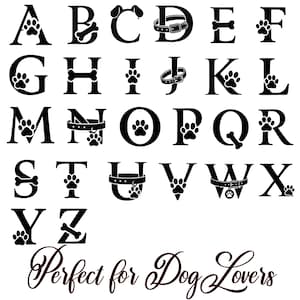 Fuente del alfabeto para perros A-Z / Letras para mascotas SVG PNG DXF / Fuente para collar con hueso de pata de cachorro / Letras prediseñadas para amantes de los perros / Paquete de fuentes de silueta de Cricut