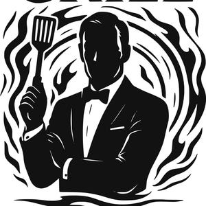 May include: Black and white graphic with the text "LICENSE TO GRILL" above a silhouette of a person in a tuxedo holding a spatula. The text "SHAKEN, SMOKED... AND SERVED." is below.