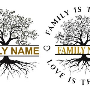 Puede incluir: Diseño de árbol genealógico en negro y dorado con el texto "FAMILY NAME" en una pancarta horizontal. El árbol tiene una copa y raíces completas. La frase "FAMILY IS THE TREE, LOVE IS THE ROOT" está en un diseño circular.