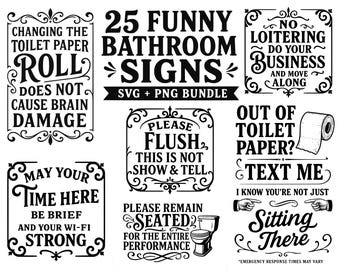 25 Funny Bathroom Sign SVG PNG Bundle, Vintage Bathroom Humor Quotes, Bathroom Wall Decor, Digital Download, Hilarious Laser Engraving Files