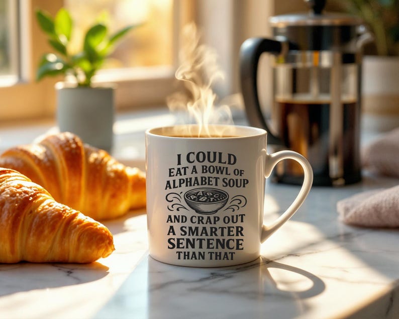 May include: White ceramic mug with a black design that reads "I could eat a bowl of alphabet soup and crap out a smarter sentence than that". The mug is filled with a hot beverage and steam is rising from the mug.