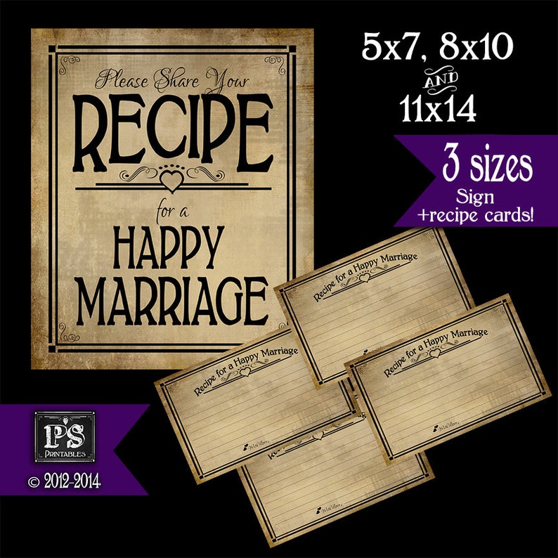 Recipe for a Happy Marriage Sign and Recipe Cards PRINTABLE | Etsy
