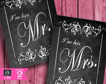 DIY Printable Wedding Chair signs -I'm Her MR & I'm His MRS - Chalkboard style -  instant download of digital file - Victoria Collection