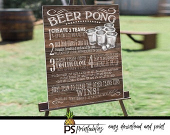 Yard Games for Weddings Sign | PRINTABLE yard games poster, Beer Pong Game Sign, Backyard BBQ games, wood look Beer Pong game sign