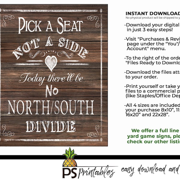 Pick a Seat, Not a side | PRINTABLE Wedding Sign, Chalkboard Seating Plan, Rustic Seating signage, Digital Wedding, No North South divide