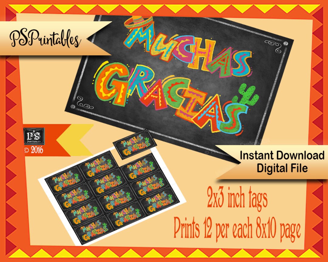 Printable Muchas Gracias Fiesta Party Tags, Favor Tags, Muchas Gracias ...