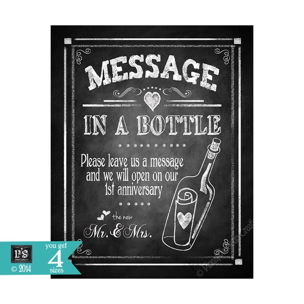 Message in a bottle 1st Year Anniversary Chalkboard Wedding sign - 4x6, 5x7, 8x10, 11x14-PRINTABLE download digital file - Rustic Collection