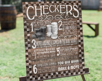 Checkers Yard Game Sign | PRINTABLE poster with rustic digital wood background, Party Printables, Backyard BBQ Party Decor, Lawn Games Sign