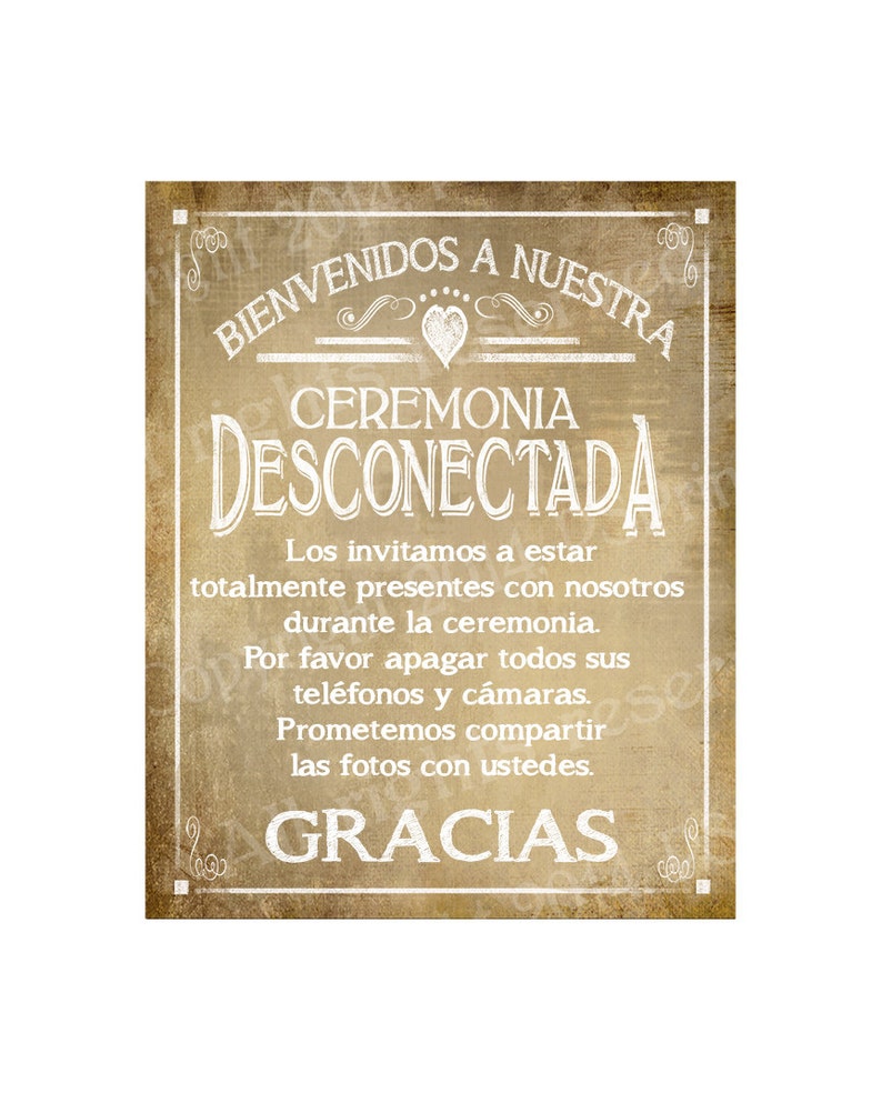 Spanish Welcome to our Unplugged Ceremony PRINTABLE Wedding Sign Bienvenidos A Nuestra Ceremonia Desconectada DIY printable sign image 1