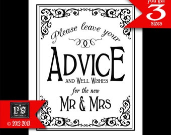 Printable Wedding ADVICE sign - 5x7, 8x10 or 11 x 14 - instant download digital file - DIY - Black Tie Collection - Traditional Black White