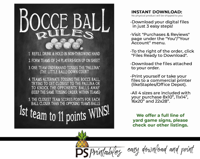 Yard Games for Weddings Sign PRINTABLE yard games poster, Bocce Ball Game Sign, Backyard BBQ games, Bocce Ball Game image 2