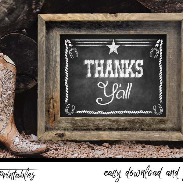 Western Themed Thanks Y'all Chalkboard Style Sign | Printable DIY Wild West Thank You Party Printable, Western Wedding Photo Prop