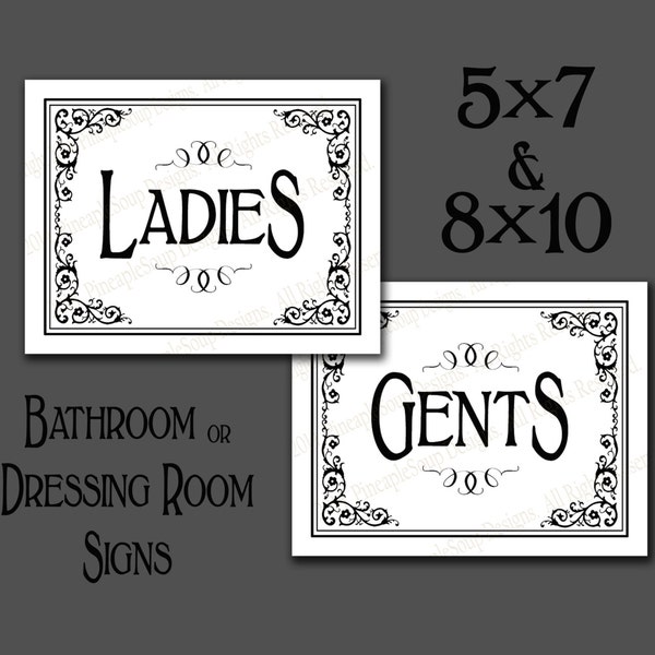 Printable Bathroom Signs | Ladies and Gents Dressing Room signs, Bath Room Door Signs, DIY instant download, Black and White Wedding Decor