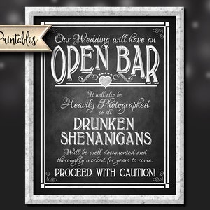 Printable Open Bar Wedding Sign DIY Digital Instant Download 4 sizes Drunken sheningans wedding sign Rustic Heart Chalkboard Collection image 3