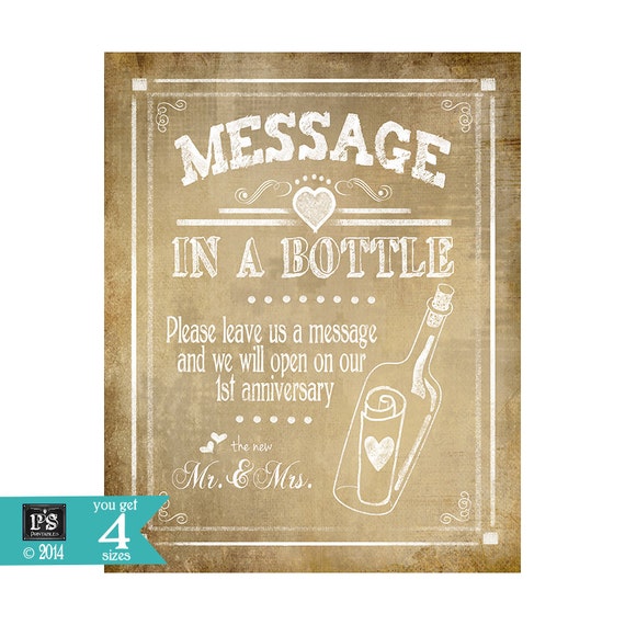 Message in a bottle 1st Year Anniversary Chalkboard Wedding sign - 4x6,  5x7, 8x10, 11x14-PRINTABLE download digital file - Rustic Collection