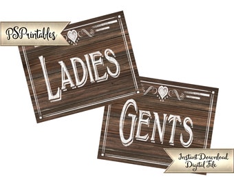 Printable Wood Bathroom Signs | Western Wedding Restroom Signs, read Ladies & Gents, Dressing Room Signage, Reception Sign, Wedding Sign