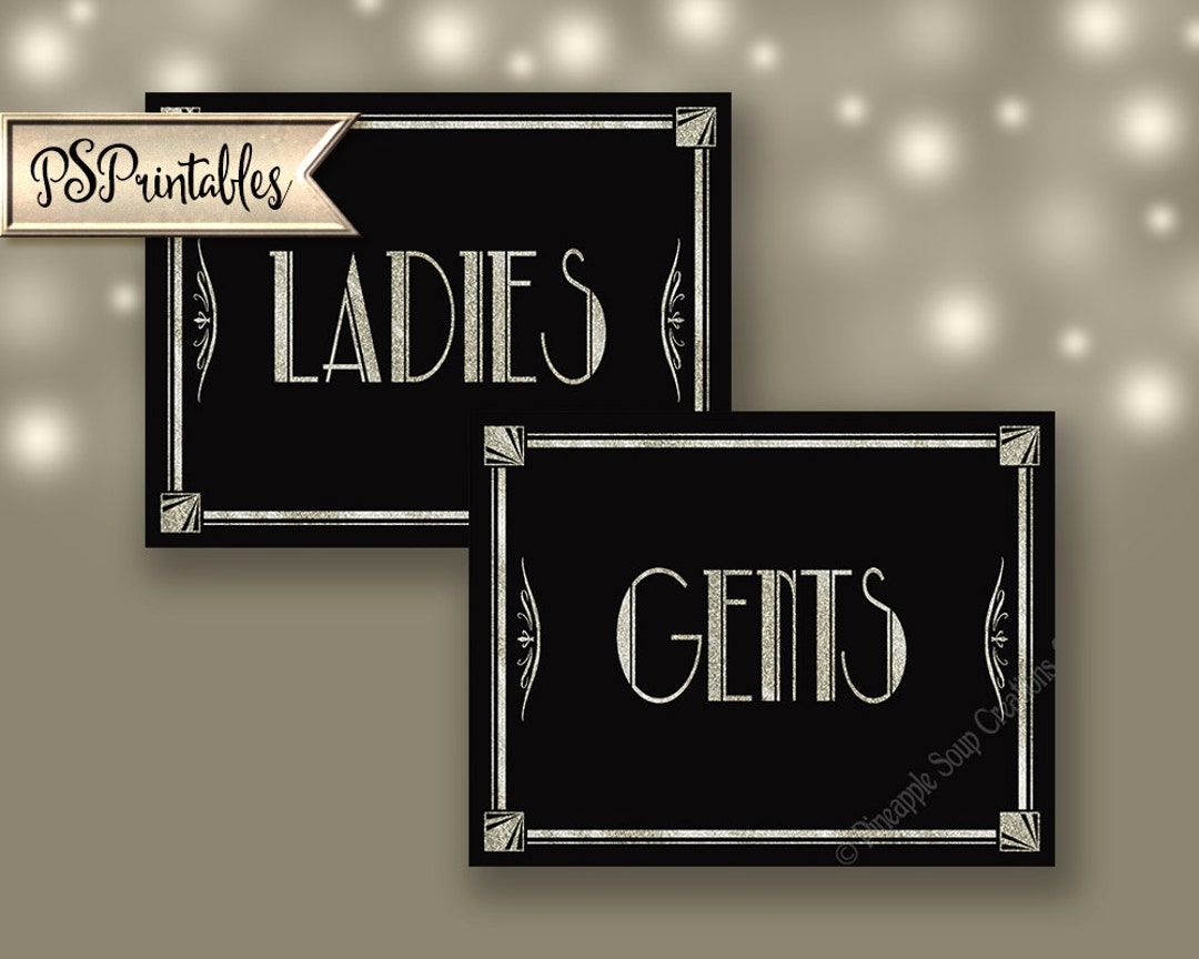 Printable Weddings Bathroom Signs Ladies &amp; Gents Art Deco Black Silver ...