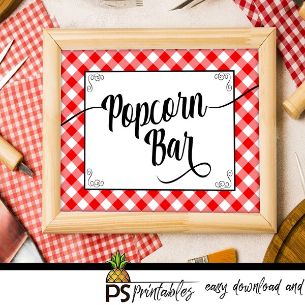 PRINTABLE Popcorn Bar Sign for your next Backyard Picnic, BBQ Wedding, Birthday Party or Graduation