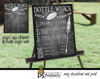 Yard Games, PRINTABLE yard games poster, bottle whack disc throw sign, Backyard BBQ games, bottle whack disc throw game rules sign, digital