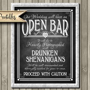Printable Open Bar Wedding Sign DIY Digital Instant Download 4 sizes Drunken sheningans wedding sign Rustic Heart Chalkboard Collection image 4