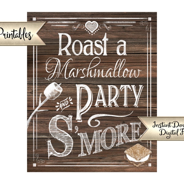 Smore's Bar Sign | PRINTABLE S'more Sign, Bonfire S'more Sign, Faux Wood Printable, Wedding Signage, Roast a Marshmallow, Party S'more Sign