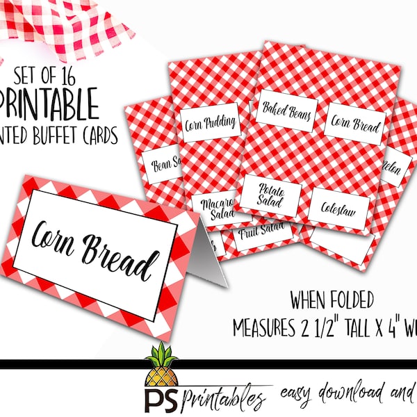 PRINTABLE Food Cards | Tented Red & White buffet card signs for your next Backyard BBQ, Picnic Style Wedding, Birthday, Baby-Q or Graduation