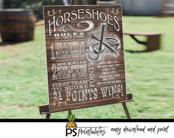 HORSESHOES GAME and rules sign set in wood design-yard games - instant download printable file -  - wedding games - lawn - party games