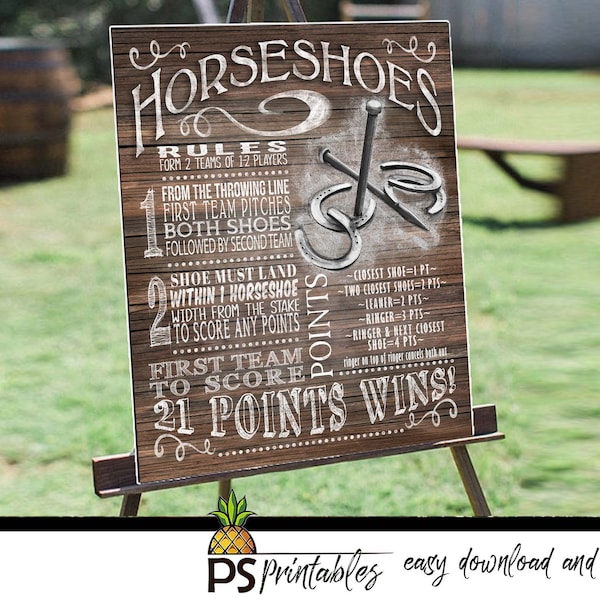 HORSESHOES GAME and rules sign set in wood design-yard games - instant download printable file -  - wedding games - lawn - party games