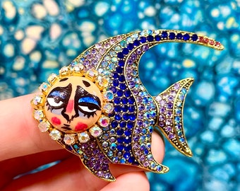 Come On! Blue Fish Brooch, Hand Painted Brooch, Elegant Brooch, Statement Brooch, Cute Brooch, Face Brooch, Rhinestones, Bohemian Brooch