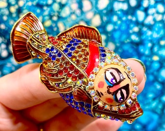 Unsure Red Fish Brooch, Hand Painted Brooch, Elegant Brooch, Statement Brooch, Cute Brooch, Face Brooch, Rhinestones, Bohemian Brooch