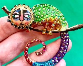 Bewitched Chameleon Brooch, Hand Painted Brooch, Elegant Brooch, Statement Brooch, Cute Brooch, Face Brooch, Rhinestones, Bohemian