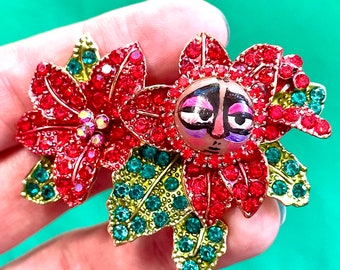 Again Christmas? Flower Brooch, Hand Painted Brooch, Bee, Elegant Brooch, Statement Brooch, Cute Brooch, Face Brooch, Rhinestones, Bohemian