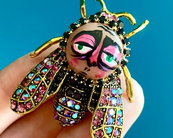 Moanin' Fly Brooch, Hand Painted Brooch, Bee, Elegant Brooch, Statement Brooch, Cute Brooch, Face Brooch, Rhinestones, Bohemian