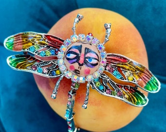 Not Now! Dragonfly Brooch, Hand Painted Brooch, Elegant Brooch, Halloween, Statement Brooch, Cute Brooch, Face Brooch, Rhinestones, Bohemian