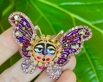 Surprised Butterfly Brooch, Hand Painted Brooch, Bee, Elegant Brooch, Statement Brooch, Cute Brooch, Face Brooch, Rhinestones, Bohemian