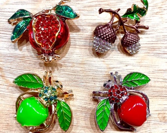 Seasonal Brooch, Enamel Brooch, Bee Brooch, Apple Brooch, Elegant Brooch, Pomegranate, Cute Brooch, Acorn Brooch, Rhinestones, Acorns