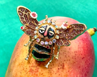 Black-Eyed Bee Brooch, Hand Painted Brooch, Bee, Elegant Brooch, Statement Brooch, Cute Brooch, Face Brooch, Rhinestones, Bohemian