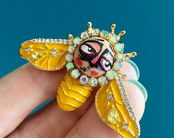 Really? Fly Brooch, Hand Painted Brooch, Bee, Elegant Brooch, Statement Brooch, Cute Brooch, Face Brooch, Rhinestones, Bohemian