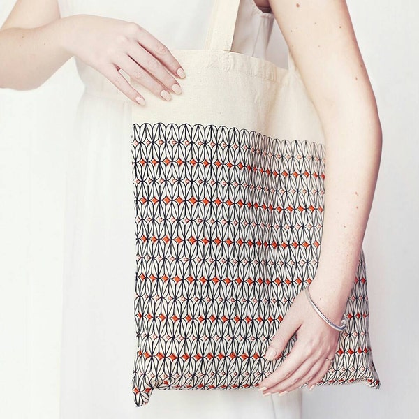 TOTE bag coral orange shopper carrier cotton PATTERN geometric red black natural neutral gift her / silkscreen by OneOTextile