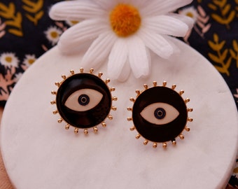 Evil Eye Drop Earrings: Gold & Black Enamel Studs