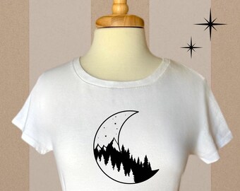Moon Mountains Forest T-Shirt: Mystical Crescent Moon Design