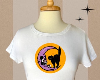 Retro Halloween T-Shirt: Black Cat, Skull Moon