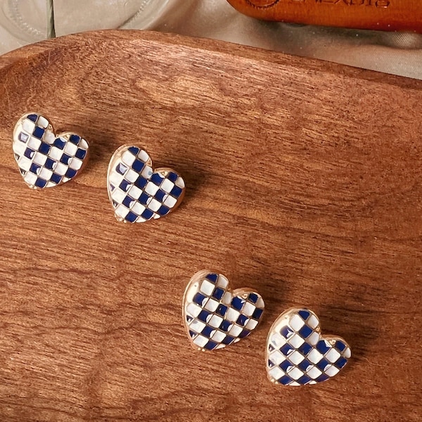 Checkered Heart Stud Earrings, Blue and White Checkered Stud Earrings