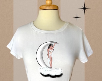 Pinup Shirt, Moon Pin Up, Retro Inspired Shirt, Rockabilly Shirts, Pin Up Girl, Classic Pin up Girl, Moon Inspired
