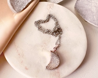 White Quartz Druzy Crescent Moon Necklace: Iridescent Stone Pendant