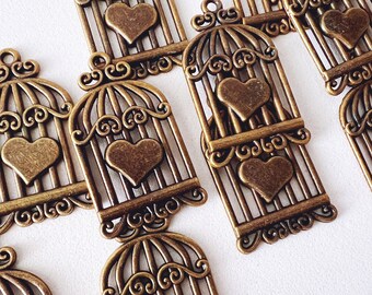 Bronze Bird Cage Charms with Heart - 49 Piece Bulk Set