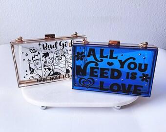 NEW! Disney Villains, Crossbody Bag, Handbag, Gifts, Acrylic Evening Clutch, All You Need Is Love Clutch, Everyday Purse, Cute & Simple