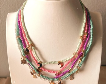 Colorful Beaded Necklaces - Set of 5 White, Pink, Sage, Blue and Purple.