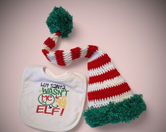 Adorable Christmas Embroidered Baby Bib and Elf Beanie Hat Set - Ready to Ship Funny and Humorous Gift for Little Elves!