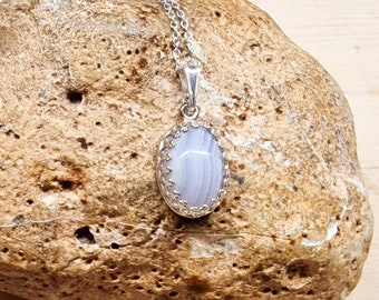 Small Blue lace agate pendant. 925 sterling silver. Reiki jewelry uk. Pisces jewelry. 14x10mm necklace